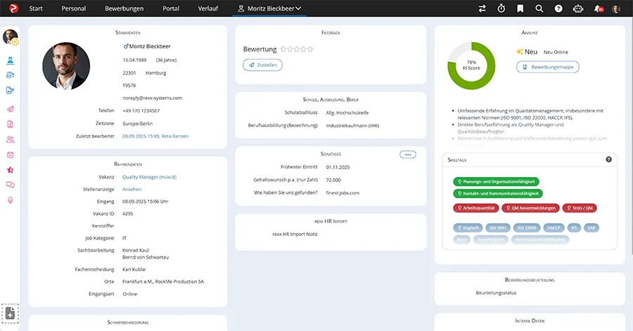 Ein Screenshot der neuen Bewerberakte von Rexx Systems inkl. des KI-Scores und der Skilltags.