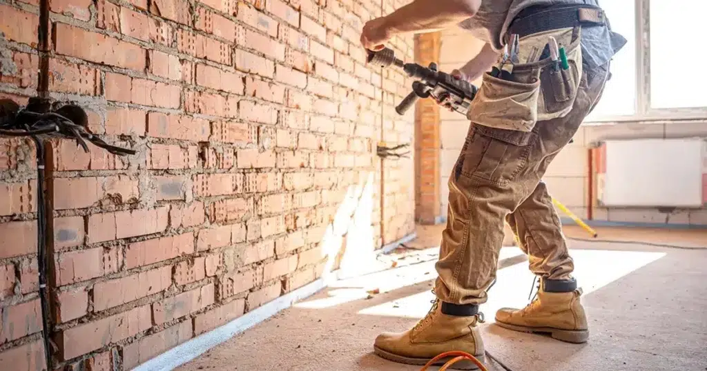 Mindestlohn im Baugewerbe: gesetzliche Lohnuntergrenze für Bau- und Handwerksberufe Mindestlohn im Handwerk: Bauarbeiter arbeitet auf einer Baustelle an einer Ziegelwand