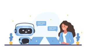 Chatbot concept. Woman talking with robot.