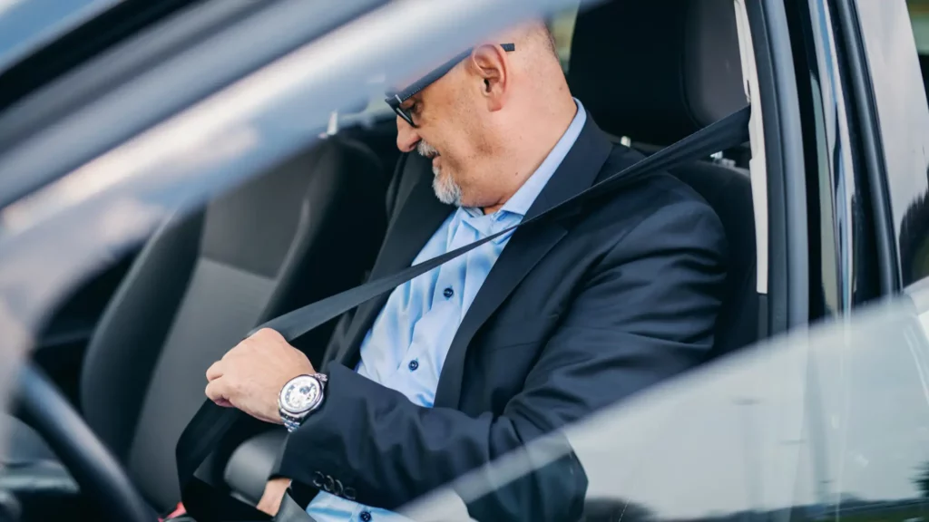 Ein Pendler sitzt im Auto und schnallt sich an.