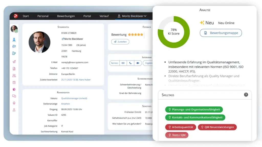 HRworks-Alternative: KI-gestützte Bewerberanalyse in der Recruiting Software von Rexx Systems HRworks-Alternative: KI-gestützte Bewerberanalyse mit Scorecard, Skills und Bewerbungsmappe in der Recruiting Software von Rexx Systems