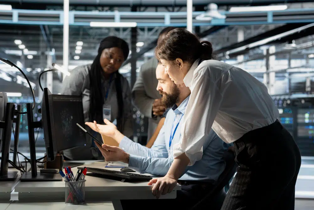 Team von IT-Fachkräften bespricht Datenanalyse am Bildschirm – effiziente Softwareentwicklung mit rexx systems