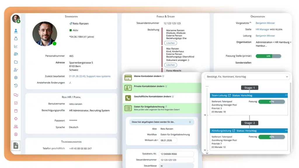 Rexx Systems Digitale Personalakte Urlaubsentgelt: Screenshot zeigt Rexx Systems Software mit Übersicht zu Gehalt, Zulagen und variablen Zahlungen