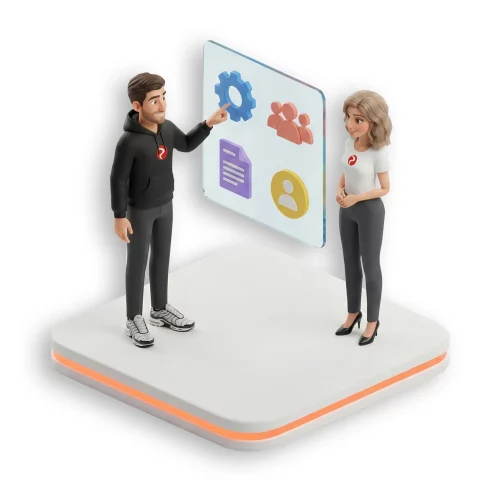 HR-Software Module auswählen für die Systemeinführung HR-Software Module auswählen in der Systemeinführung zeigt zwei Personen vor einer digitalen Oberfläche mit Funktionen und HR-Modulen