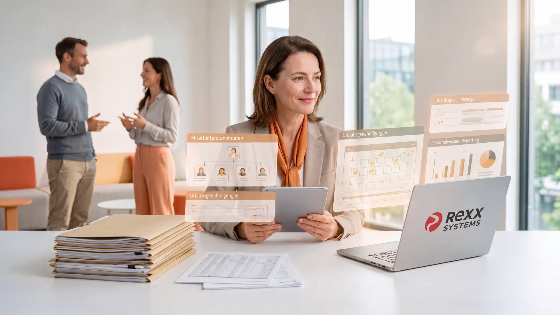 HR-Mitarbeiterin nutzt die Personalmanagement Software von Rexx Systems für Mitarbeiterstammdaten, Urlaubsgenehmigungen und Reporting