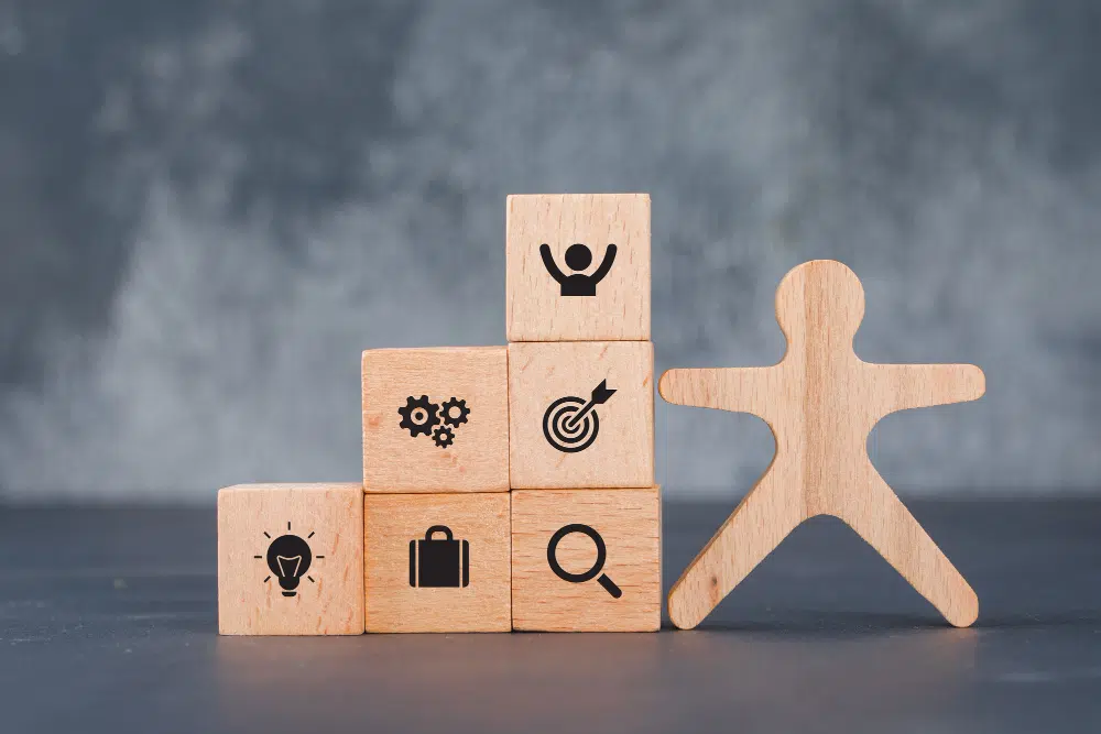 Phasen der Personalentwicklung: Bedarfsanalyse, Ziele, Umsetzung und Evaluation Holzfigur steht neben Symbolwürfeln für die Phasen der systematischen Personalentwicklung (Bedarfsanalyse, Ziele, Umsetzung und Evaluation).