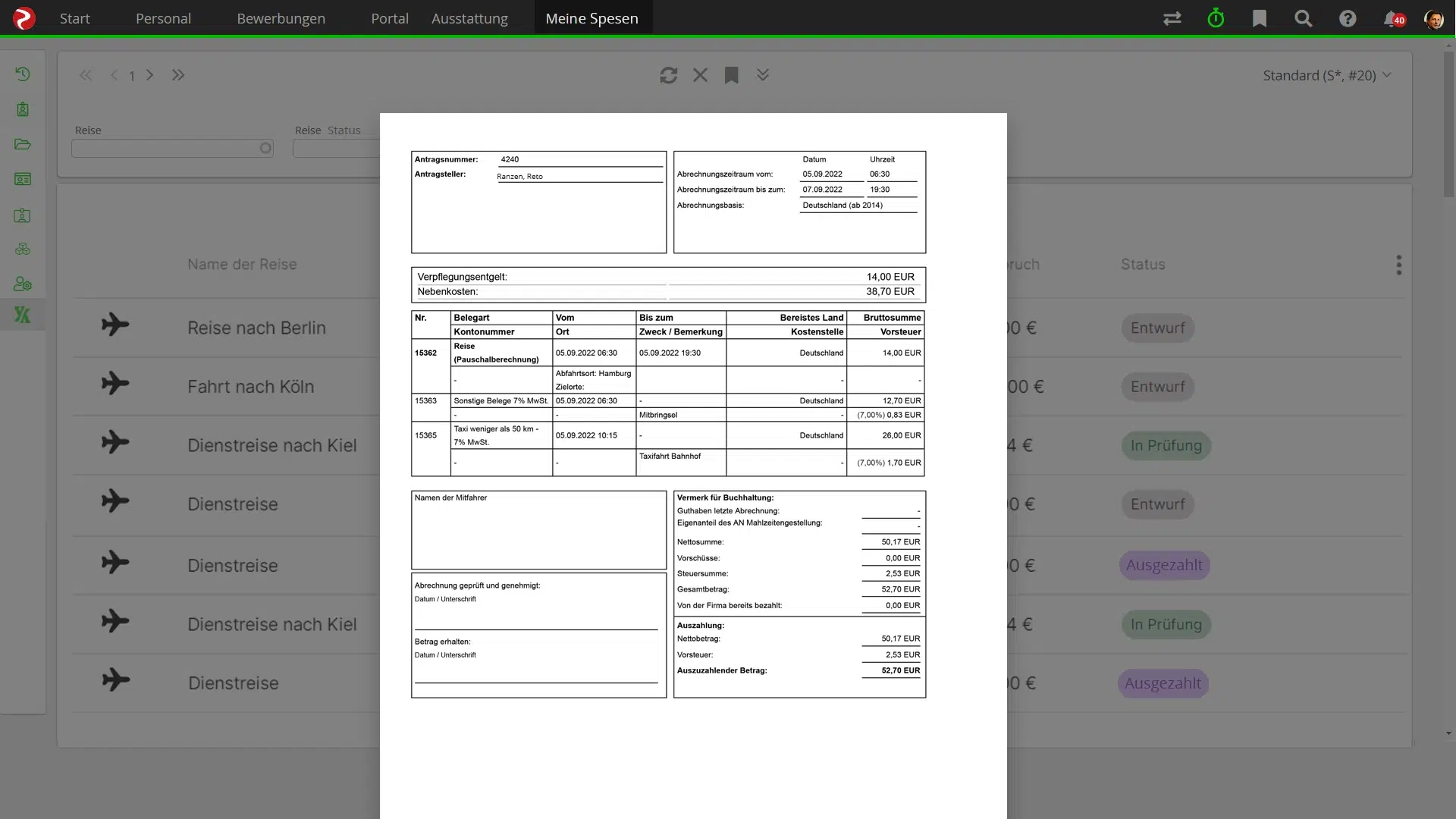 Digitaler Reiseantrag zur Prüfung und Genehmigung in der Reisekosten Software von Rexx Systems