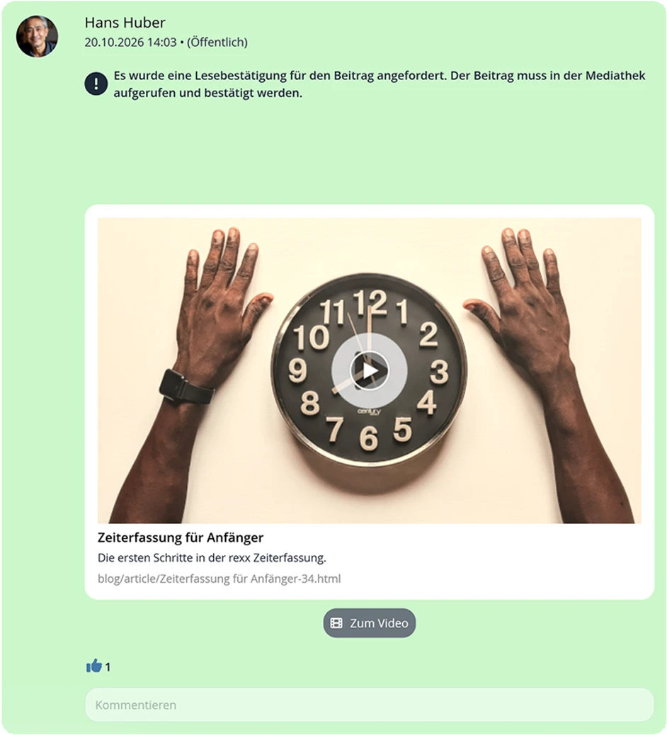 Beitrag in der Rexx Mediathek mit angeforderter Lesebestätigung und Videovorschau zur Zeiterfassung